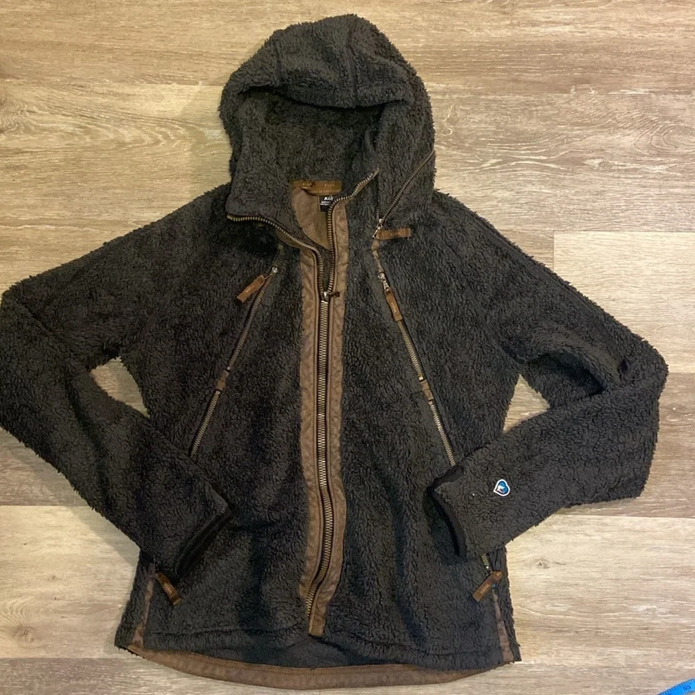 Kuhl womens Large two toned brown zip up fleece jacket with hidden hood - Picture 2 of 4